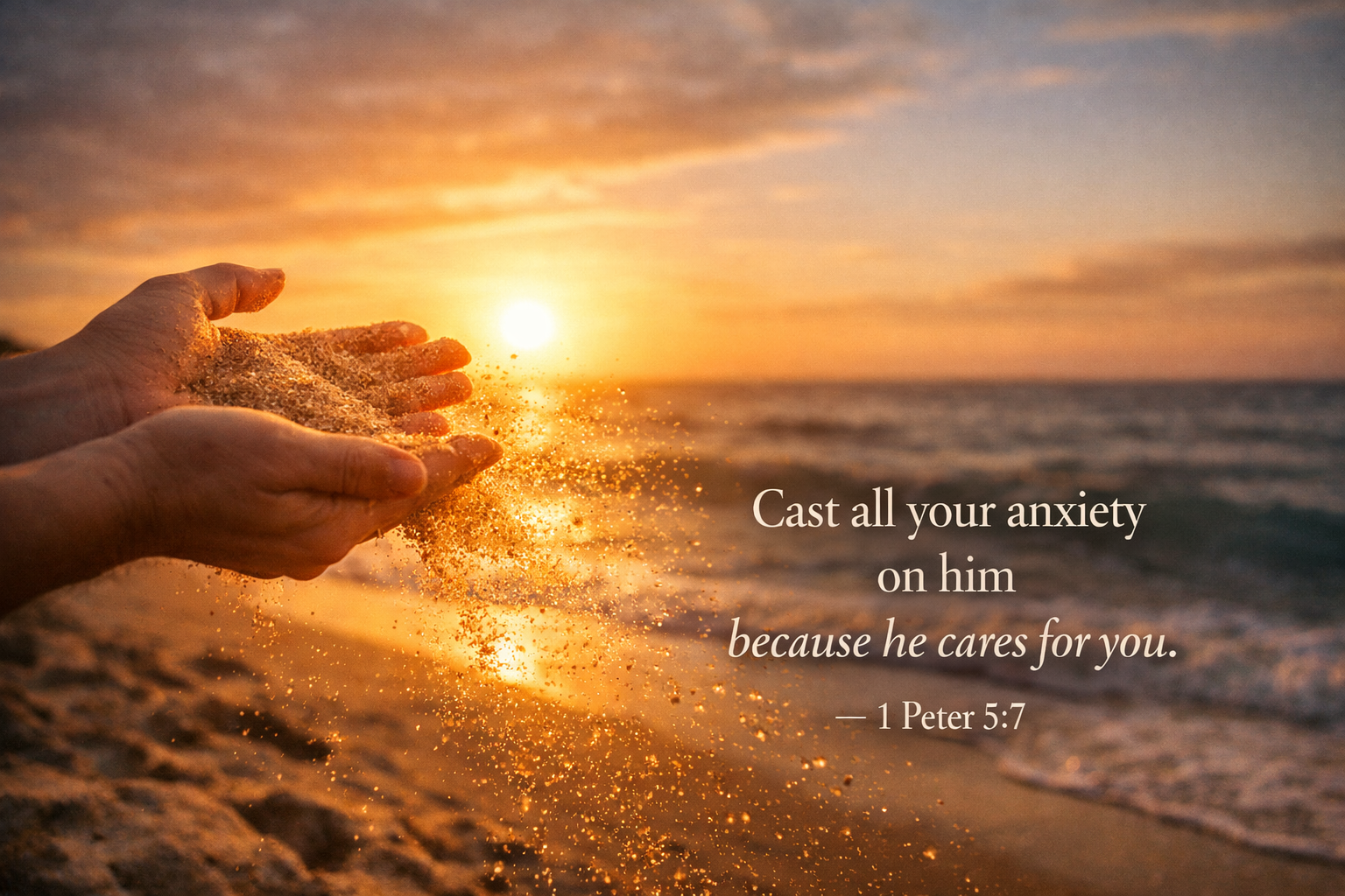 1 Peter 5:7 — Cast All Your Anxiety — Hands Sunset Beach Wallpaper